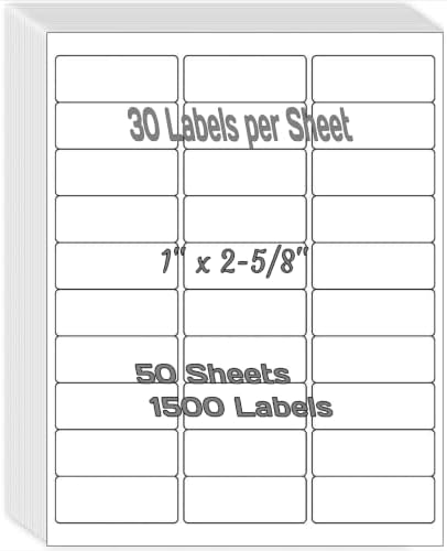 1" x 2-5/8" Shipping Address Labels 1500 Label Stickers Paper for Laser/Inkjet Printer 30 per Page Printable Mailing Labels - Matte, 50 Sheets by Unknown