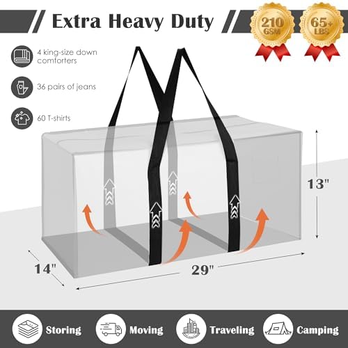 6 Pack Moving Bags Heavy Duty 210GSM with Full-Open Side Zipper, 93L 65lbs Waterproof Foldable Storage Totes for College Dorm Move-In, Moving Boxes Alternative & Home Organization,White - Image 2