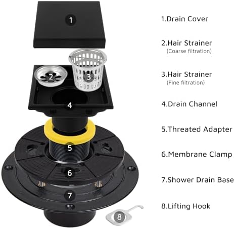 Square Shower Drain with Flange, 4 Inch, Matte Black, 2-in-1 Grate - Image 6