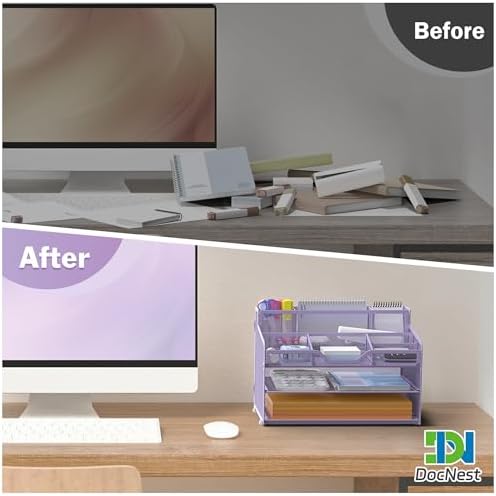 Docnest 3 Tier Mesh Desk Organizer with Letter Tray & Paper Sorter, Purple - Image 2