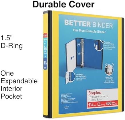 Staples Better Binder, 1.5-Inch D-Ring View, Yellow, 350 Sheets - Image 2