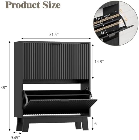 HUANLEGO Shoe Cabinet Storage for Entryway with 2 Flip Drawers, Fluted Narrow Shoe Organizer with Wooden Legs, Freestanding Slim Shoe Storage Hidden Shoe Rack Organizer for Front Door Entrance, Black - Image 2
