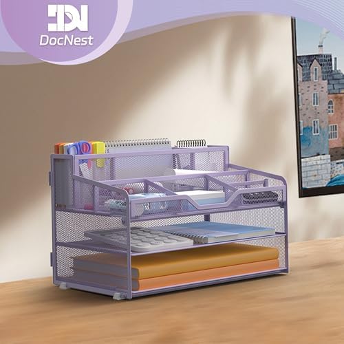 Docnest 3 Tier Mesh Desk Organizer with Letter Tray & Paper Sorter, Purple - Image 6