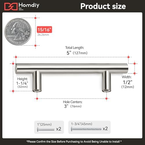 homdiy Cabinet Handles Brushed Nickel Cabinet Pulls 76mm 3 inch Hole Centers - HD201SN 1 Pack T Bar Cupboard Drawer Pulls Stainless Steel - Image 3