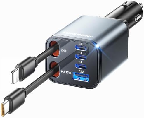 SUPERONE Retractable Car Charger, [Ultra-Compact] 6-Port Car Charger USB C by SUPERONE
