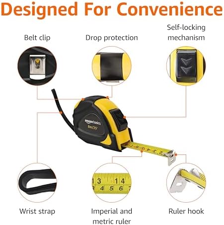 Amazon Basics Self-Locking Tape Measure, 25ft (8-Meters), Accurate Dual Scale inch/Metric, MID Accuracy, Extendable, Yellow, 2 Count (Pack of 12) - Image 4