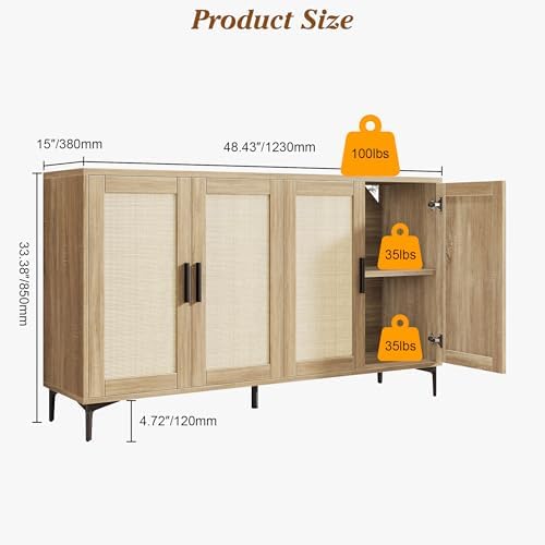 JASIWAY Buffet Cabinet with Storage, 48" Rattan Coffee Bar Cabinet Station - Image 3