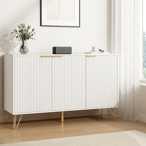 Storage Cabinet with 3 Fluted Doors and Adjustable Shelves, White丨Modern Wood Accent Table, Sideboard Buffet Cabinet, Console Table for Living Room, Hallway, Entryway - Image 5
