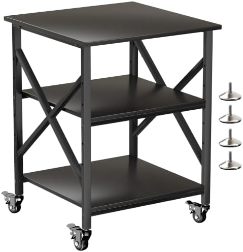 Printer Stand, 23.6 x 23.6 Inches Large Printer Stand with Adjustable Storage Shelf, 3 Tier Printer Table for Home Office, Rolling Printer Cart with Industrial Wheels, Mini Fridge Stand Table, Black by Unknown