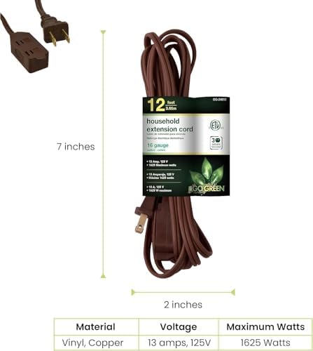 GoGreen Power Inc. (G-24812-5) 16/2 12' Household Extension Cord, 3 Outlets, Brown, 12ft, 5 Pack - Image 2