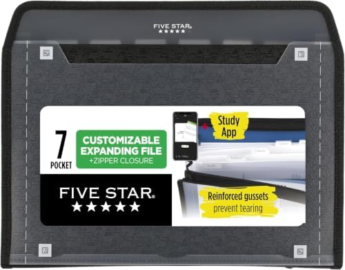 Five Star Expanding File Organizer + Study App, 7-Pocket Accordian File Organizer, Zipper Closure, Holds 8-1/2" x 11" Paper, Black (72709) (Pack of 6) by FiveStar