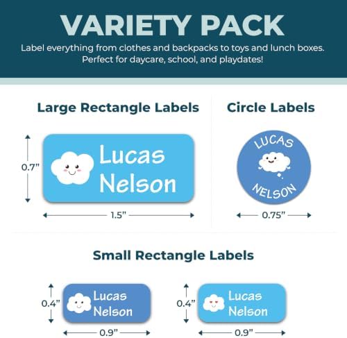 Bunny Badges Personalized Name Labels for Kids (70 Labels) - Custom Waterproof Name Stickers for Daycare, Clothing Tags, Water Bottles, Lunch Boxes and School Supplies (Clouds) - Image 2