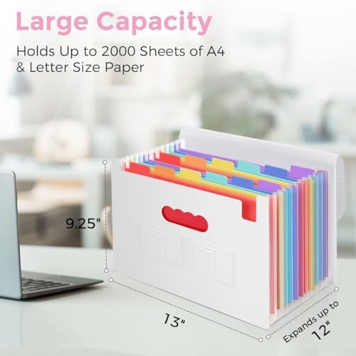SKYDUE Accordion File Organizer, Expanding File Folder with 13 Pockets, Portable Document Paper Bill Receipt Organizer, Home School Office Supplies, Letter A4 Size White - Image 2