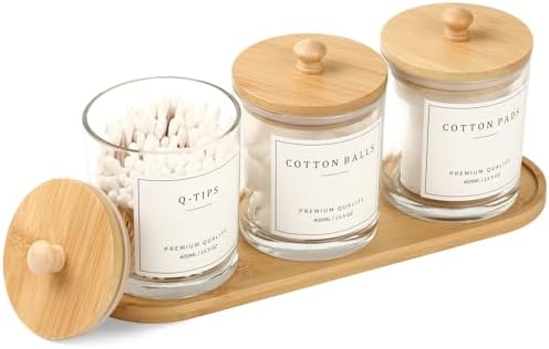 eggs sound 3 Pack Qtip Holder - Bathroom Organizers and Storage, Cotton Round Pad Swab Holder Dispenser Floss Pick Holder with Tray, Glass Apothecary Jars with Lids, Cotton Ball Container - Clear by Eggs+sound