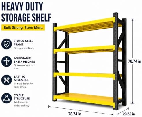5000LBSHeavy Duty Warehouse Shelving 4-Tier Industrial Steel Storage Shelves, 2600LB Capacity Per Shelf, Adjustable Shelves for Garage/Factory/Commercial Use (Black and Yellow, W78.74*D23.62*H78.74) - Image 6