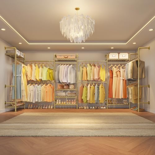 Timate F6 Wall Mounted Clothes Rack - Expandable Industrial Pipe Closet System, Heavy Duty Hanging Garment Rack, Closet Organizer & Storage Solution for Wardrobe, Bedroom,Walk-in Closets,Gold - Image 3