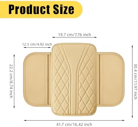 Car Center Console Cover with 2 Storage Bags, Leather Armrest Pad, Beige - Image 2