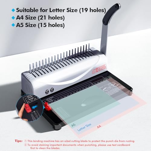 MAKEASY Comb Binding Machine - Punch 12 Sheet, Easy Punch No Jam, Heavy-Duty Metal Build, Book Binder for Office Reports & Home School Projects, Includes 100 Combs, Letter/A4/A5 Compatible - Image 2
