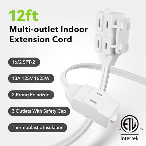 BN-LINK 2 Pack 12ft Indoor Extension Cord, 3 Outlet, 16/2 SPT-2, White, 2-Prong Polarized Plug, Household Power Cord for Home, Office & Holiday Decorations - Image 4