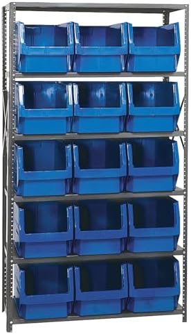Quantum MSU-533BL Heavy-Duty Modular Magnum Steel Shelving Storage Rack Unit for Manufacturing Healthcare Distribution | (6) Shelves; (15) QMS533 Blue Bins | 42" W x 18" D x 75" H, Gray, Carbon Steel by QuantumStorageSystems