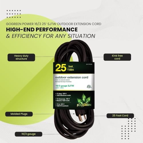 GoGreen Power Inc. (G-13725BK-2) 16/3 25' Heavy Duty Extension Cord - Black, 25ft, 2 Pack - Image 5