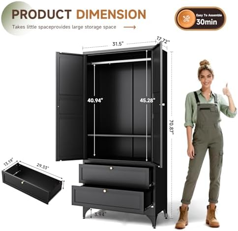 Letaya 71" Metal Wardrobe Cabinets with 2 Drawers,Steel Armoire Wardrobe Closet with Doors and Shelves,Clothing Storage Cabinets with Hanging Rod for Bedroom, Gym, Cloak Room,Black - Image 3
