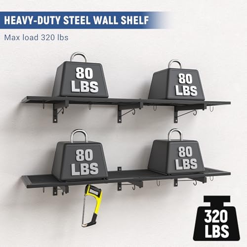 2 Pack Garage Wall Shelf, Heavy Duty Garage Shelving, 46"X 12.5" Wall Mounted Floating Shelves, Metal Hanging Storage Rack with 8 Hooks, Utility Organizer Max Load 320 LBS for Laundry Room, Workshop - Image 5