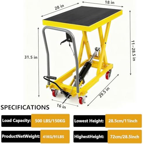 GarveeTech Hydraulic Lift Table Cart, 500Lbs Load Capacity 28.5 Inch Lifting Height, Manual Single Scissor Lift Table with Non-Slip Pad and 4 Wheels,Hydraulic Scissor Cart (500lbs - Single - Yellow) - Image 2