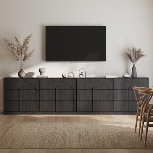BELLEZE Sideboard Cabinet with 3 Drawers, Set of 4 Modern Wood Buffet Cabinet with Arc Design, Large Fluted Sideboard with Storage for Kitchen Living Room Entryway, Ebony - Image 5