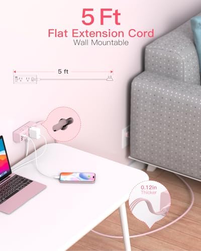 One Beat 5Ft Extension Cord with Multiple Outlets,Flat Plug Power Strip - Image 2