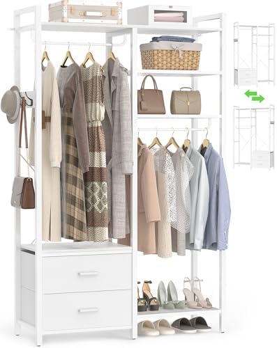 78.7'' Clothes Rack for Hanging Clothes - Reversible Clothing Rack with 2 Drawers, Heavy Duty Garment Racks with Shelves, 6 Tiers Freestanding Portable Closet Wardrobe System with Hanging Hooks, White by Besiost