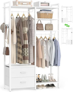 78.7'' Clothes Rack for Hanging Clothes - Reversible Clothing Rack with 2 Drawers, Heavy Duty Garment Racks with Shelves, 6 Tiers Freestanding Portable Closet Wardrobe System with Hanging Hooks, White by Besiost