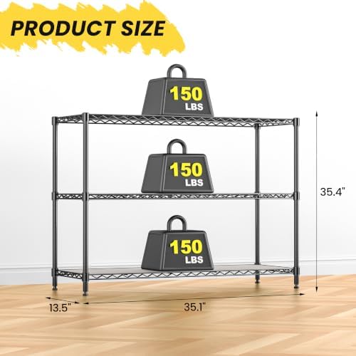 3-Shelf Adjustable Storage Shelves 35.1" W x 14" D x 36" H Metal Shelving Unit 450LBS Heavy Duty Wire Rack Small Organizer with Shelf Liners for Kitchen Pantry Bathroom Closet Garage Black - Image 3