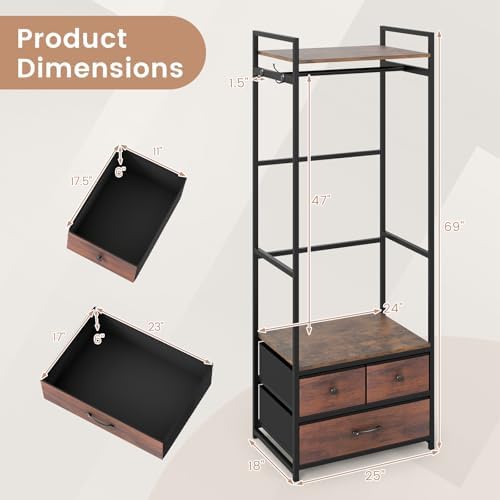 GIANTEX Clothes Rack with Drawers, Heavy Duty Clothing Garment Rack with Side Hooks and Metal Frame, Industrial Freestanding Clothes Storage Organizer for Entryway, Living Room, Bedroom - Image 5