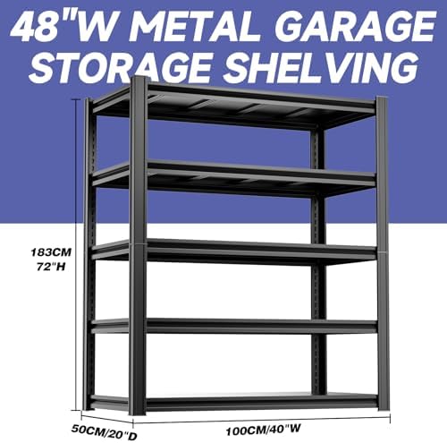 5-Tier 40”W X 20”D X 72”H Heavy Duty Garage Storage Shelves 2500LBS Basement Shelving Heavy Duty Adjustable Unit Rack Metal Rack(Black) - Image 3
