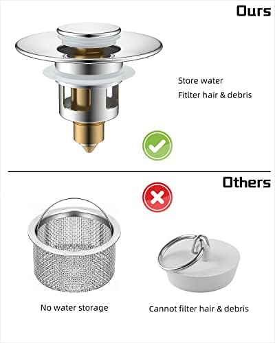 Hibbent 2 Pack All Metal Universal Bathroom Sink Stopper for 1.1''~2.3'' Basin, Pop Up Sink Drain Strainer, Brass Bullet Core Push Type Stopper, Stainless Steel Anti Clogging Drain Filter, Chrome - Image 6