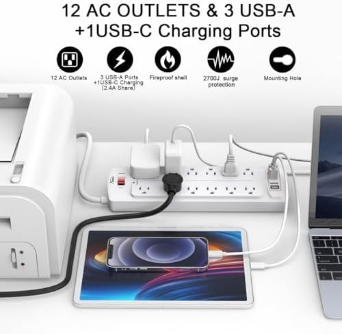 ALESTOR 6 Ft Surge Protector Power Strip with 12 Outlets and 4 USB Ports - Image 2