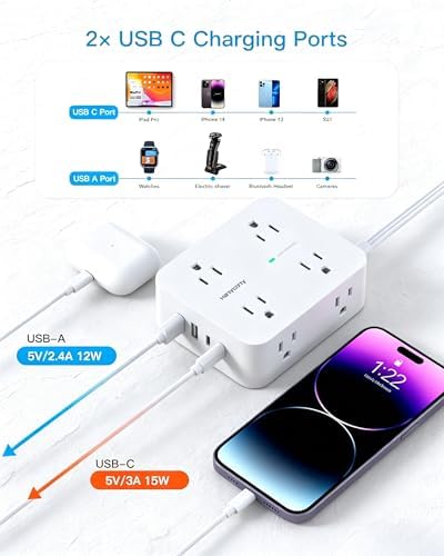 15Ft Long Extension Cord with Ultra-Thin Flat Plug, 8 Widely Spaced Outlets - Image 6