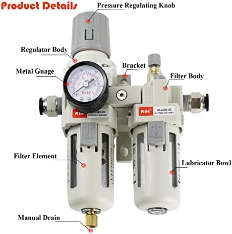 RIH Pneumatics 3/8" NPT Compressed Air Filter Regulator Lubricator Combo Water/Oil Trap Separator - Gauge(0-150 psi), Semi-Auto Drain, Poly Bowl,Bracket - 3 in 1 Two Unit (3/8" NPT) - Image 5