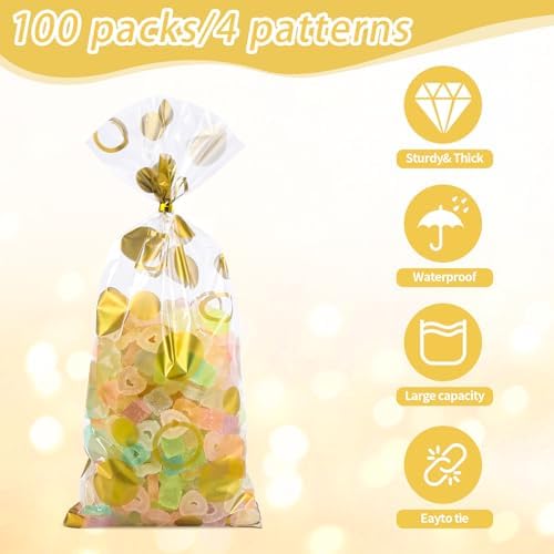 COQOFA 100 Pcs Gold 5"X11" Gift Wrap Cellophane Treat Bags Clear Party Favor Candy Cookie Bags Plastic Goodie Storage Bag with Twist Ties for Birthday, Wedding,Party Decorations(4 Patterns) - Image 3