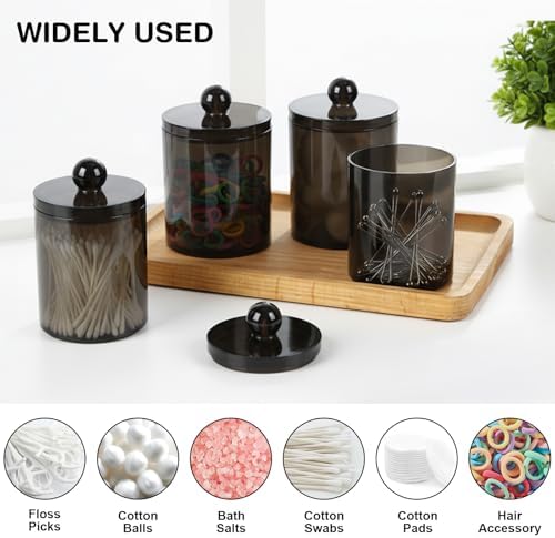 WEISHI 4 Pack Qtip Holder Dispenser - Cotton Ball, Swab, Round Pads, Floss , Small Plastic Apothecary Jar Containers with Lids for Bathroom Storage and Organization, Vanity Organizer ( Black ) - Image 4