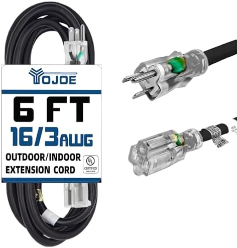 YOJOE Indoor Outdoor Extension Cord with Lighted End, 3 Prong 13A Weatherproof Power Cord, 16 Gauge Heavy Duty 6 ft Black Extension Cord for Garage, Garden and Home, 16/3 SJTW UL Listed by YOJOE