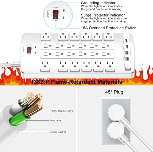 Surge Protector Power Strip - QINLIANF 20Ft Flat Plug Heavy Duty Extension Cord with 24 Outlets and 4 USB Ports(2 USB-C Ports), 4100J, for Home, Office, Dorm, ETL Listed, White - Image 6