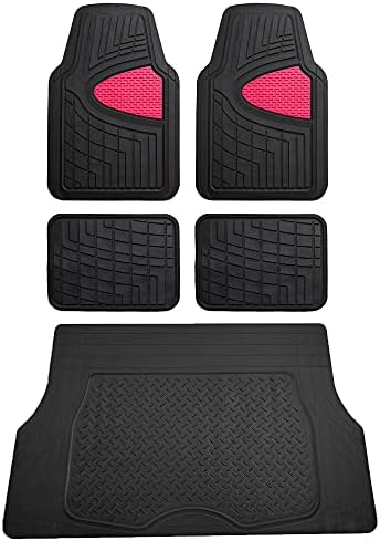 FH Group Premium Liners Tall Channel Trimmable All Weather Rubber Full Set Car Floor Mats (Pink) w. Trimmable All-Season Cargo Liner (Black) - Universal Fit for Cars Trucks and SUVs by FHGroup