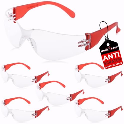 BISON LIFE Clear/Red Safety Glasses for Men & Women, ANSI Z87.1, 6 Pack by BisonLife