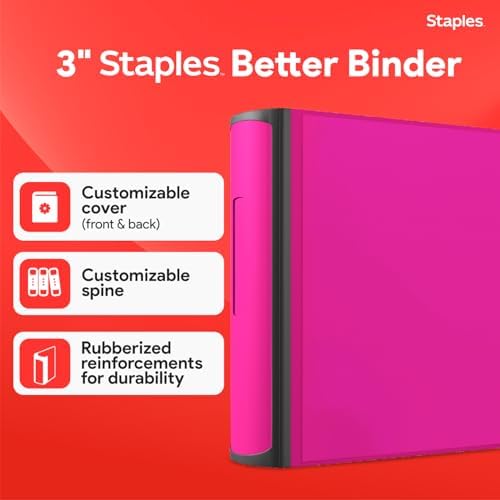 Staples Heavy-Duty 3-Inch D-Ring Binder, Pink, Holds 600 Sheets - Image 2