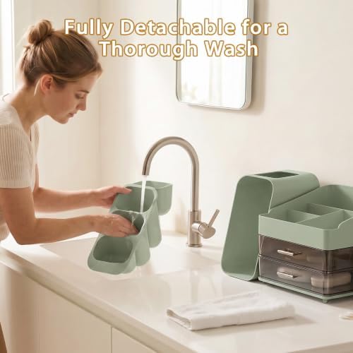 Large Capacity Makeup Organizer Countertop with Makeup Brush Holder for Vanity (Green) - Image 6