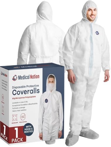 Medical Nation Hazmat Suits Disposable |1 Pack - Large | Protective Coveralls with Attached Hood and Boots | Heavy Duty Full Body Painters Suit for Adults - Breathable & Water Resistant | Large by MEDICALNATION