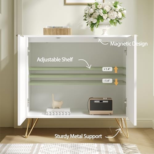 Storage Cabinet with 2 Fluted Doors and Adjustable Shelves, White丨Modern Wood Accent Table, Sideboard Buffet Cabinet, Console Table for Living Room, Hallway, Entryway - Image 4