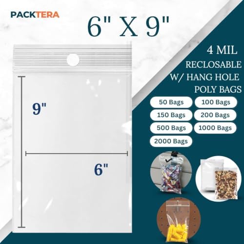 6" X 9" Reclosable Zipper Plastic Poly Bags With Hang Hole 4 Mil LDPE (Pack of 1000) Clear Sealable With Resealable Lock Zip Storage Bags for Food Jewelry Crafts Packaging - Image 2